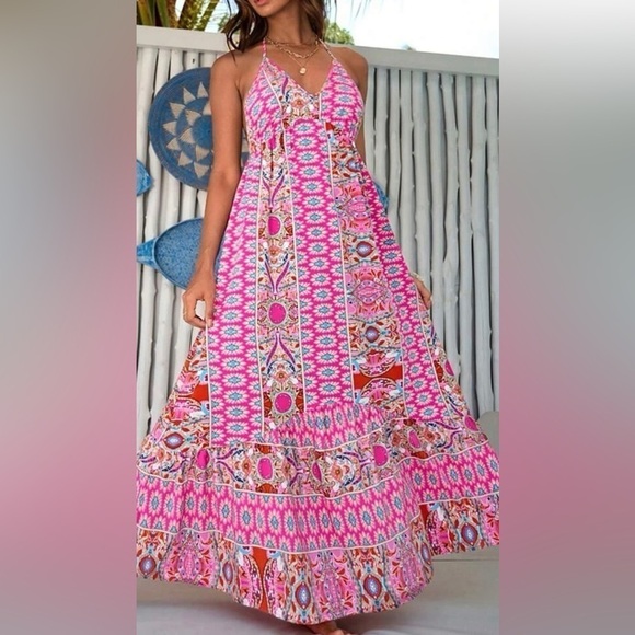 Bohemian Backless Ruffle Hem Halter Beach Casual Maxi Dress - Picture 5 of 6